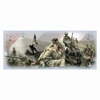 Soldiers in war scene; one soldier comforts another. US flag and battleships in background.