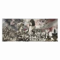 Soldier and child in a war-themed artwork; soldiers, explosions, an American flag, and doves are present.