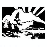 Black and white landscape with a soaring eagle, mountains, trees, and sun rays.