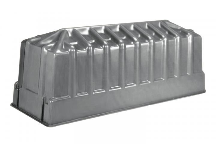 Concrete burial vault, rectangular shape with a sloped lid and metal lifting rings.