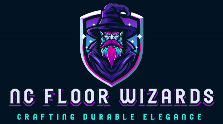 NC Floor Wizards logo with neon purple wizard emblem and tagline “Crafting Durable Elegance”