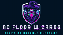 NC Floor Wizards logo with neon purple wizard emblem and tagline “Crafting Durable Elegance”