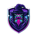 Purple wizard mascot with glowing beard inside a shield emblem