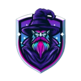 Purple wizard mascot with glowing beard inside a shield emblem