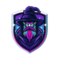 Purple wizard mascot with glowing beard inside a shield emblem