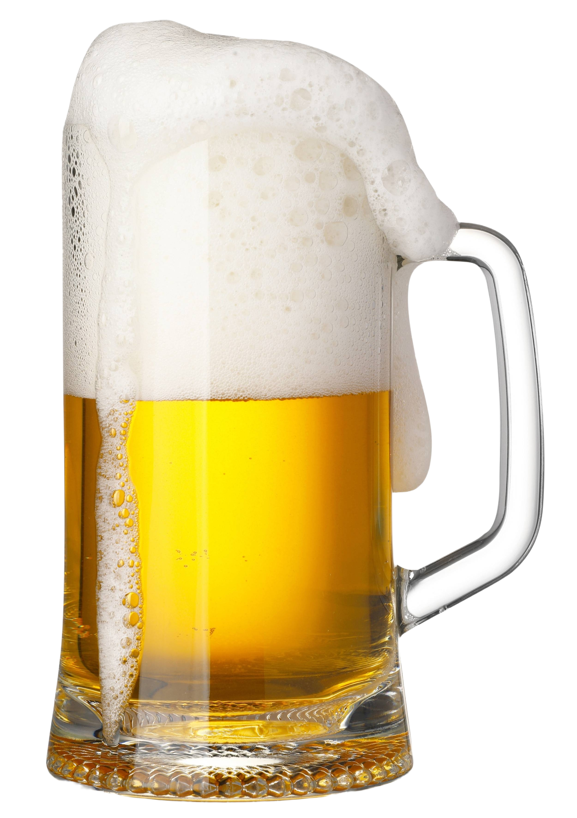Foamy glass mug of golden beer with a thick white head