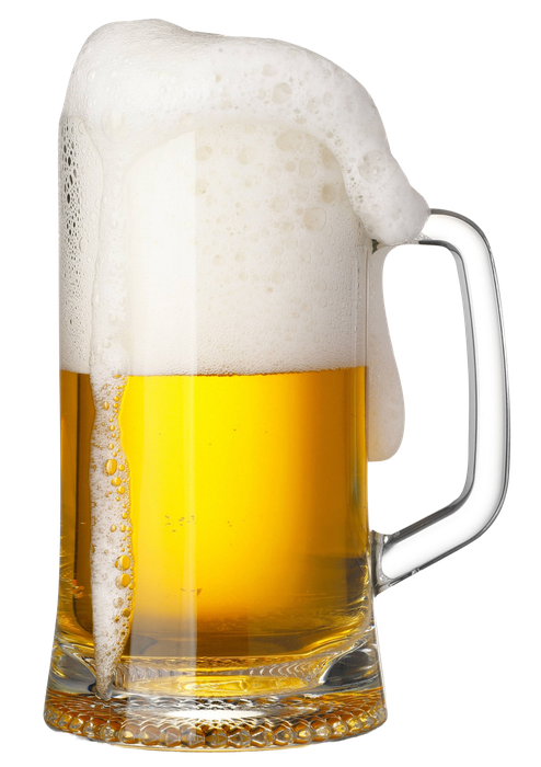 Foamy glass mug of golden beer with a thick white head