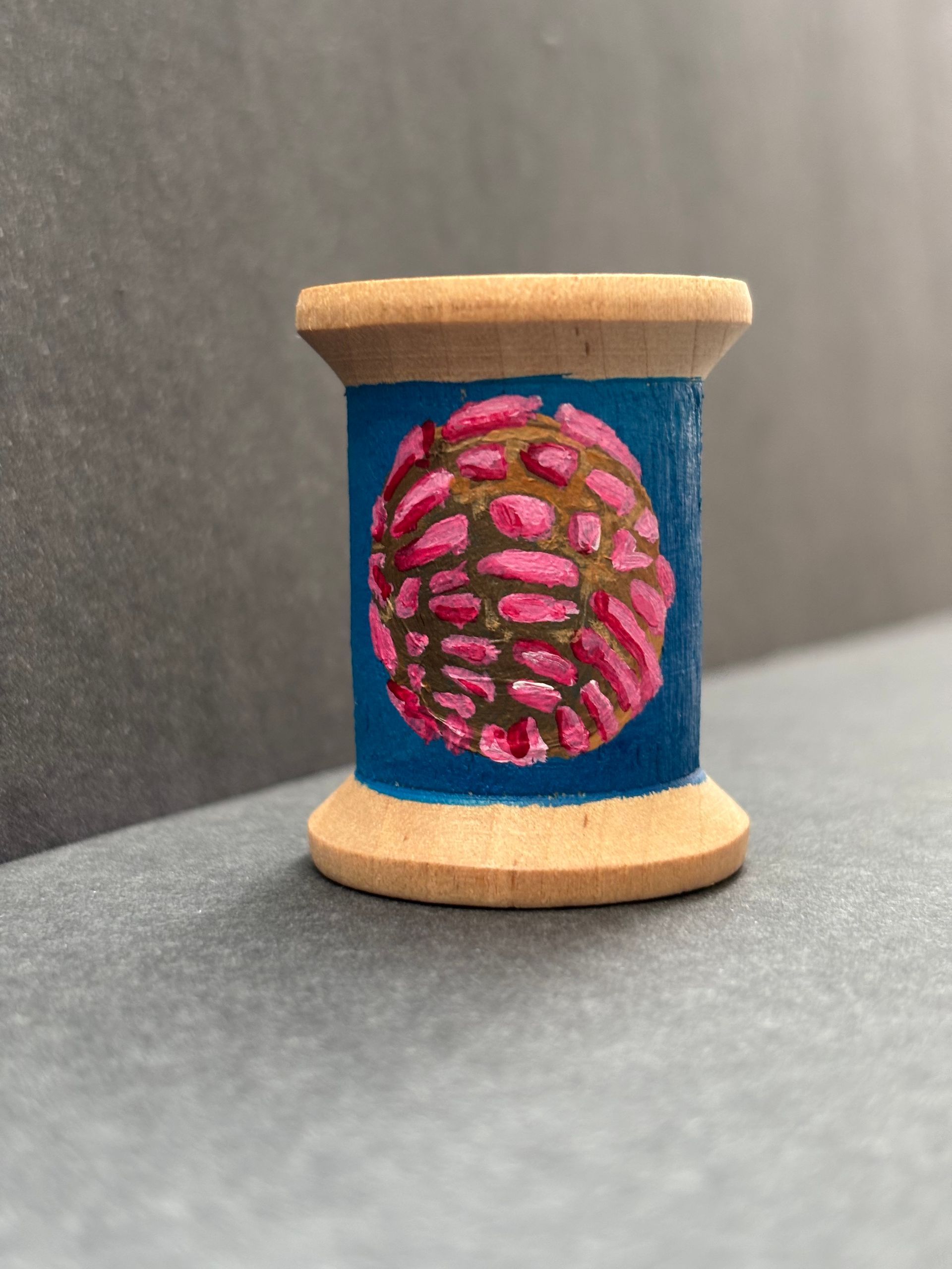 Pink Concha Ofrenda Art  on Vintage Spool - Mirco Painting -Mini Art Painting -Dia De Los Muertos