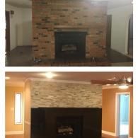 Before and after photo of a fireplace remodel, showing a change from brown brick to light stacked stone with a black base.
