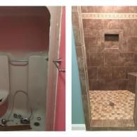 Before and after: a pink-walled bathtub replaced by a modern, earth-toned tiled walk-in shower with a built-in seat.