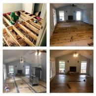 A collage showing four stages of a room floor renovation, from exposed wooden joists to completed hardwood flooring.