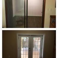 A side-by-side comparison showing a room's transition from old sliding glass doors to new white-framed French doors.