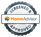 A circular, silver HomeAdvisor badge with the text