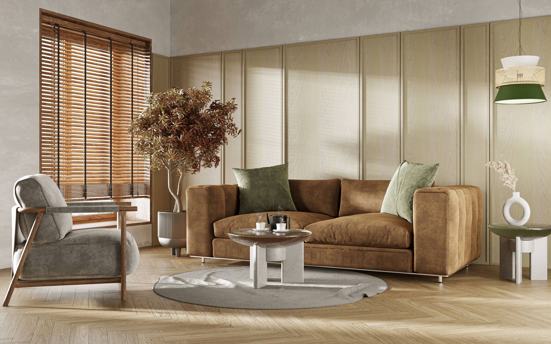A living room design with wood blinds and wall panels at Accent Blinds near Lexington and Chapin, SC