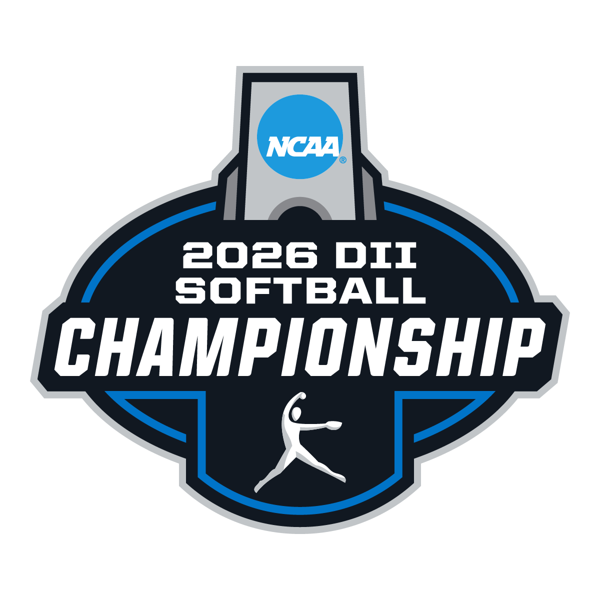 NCAA 2026 DII Softball Championship logo in navy, black, and white with a softball player silhouette