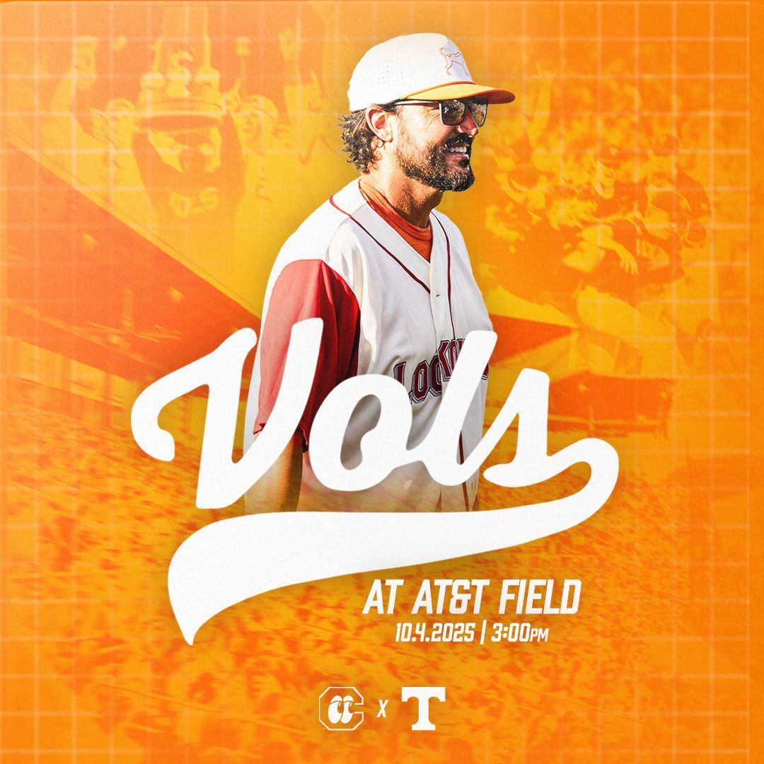 Vols baseball player in orange promo graphic at AT&T Field, with game time and Tennessee logo