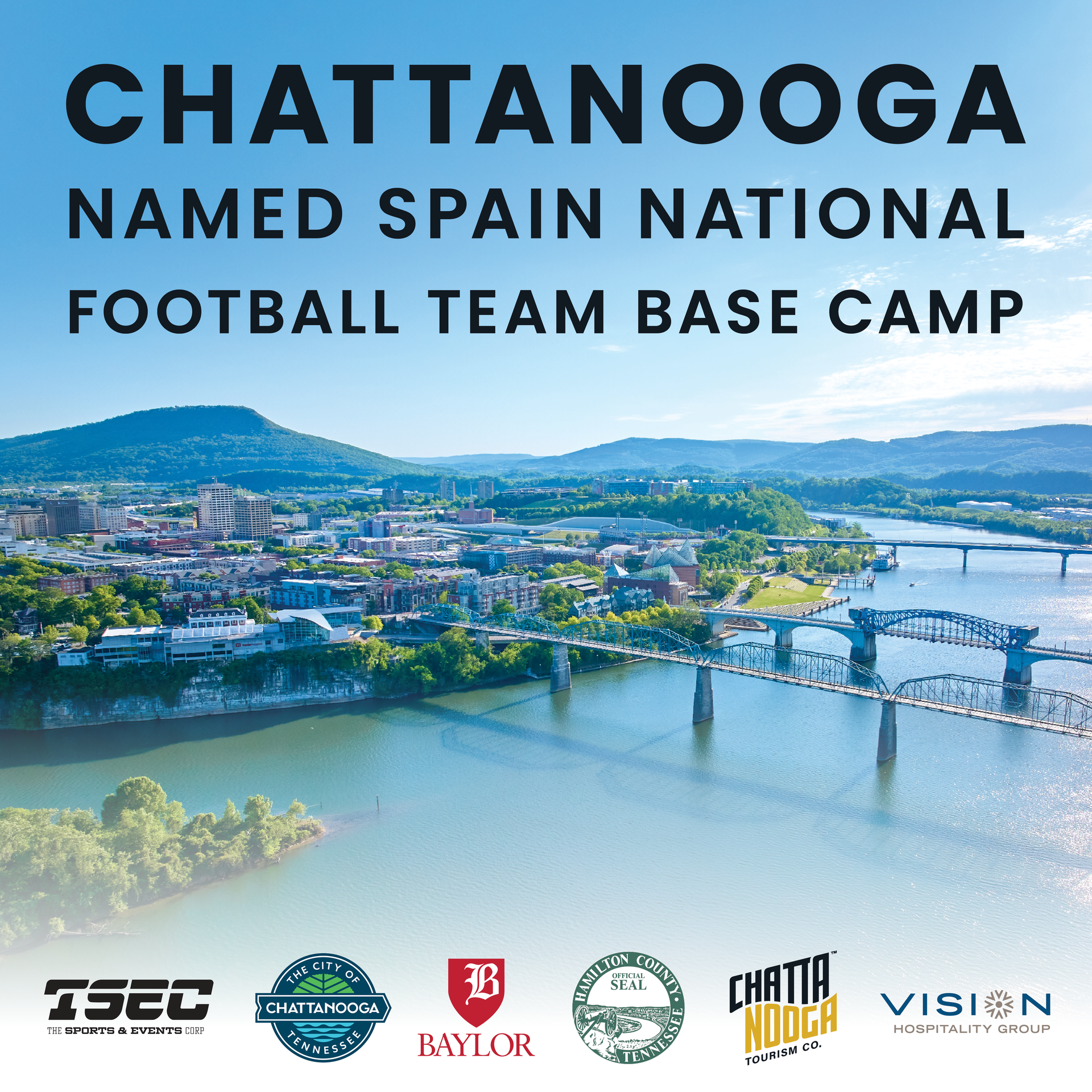 Chattanooga skyline and river with text announcing Spain National football team base camp.