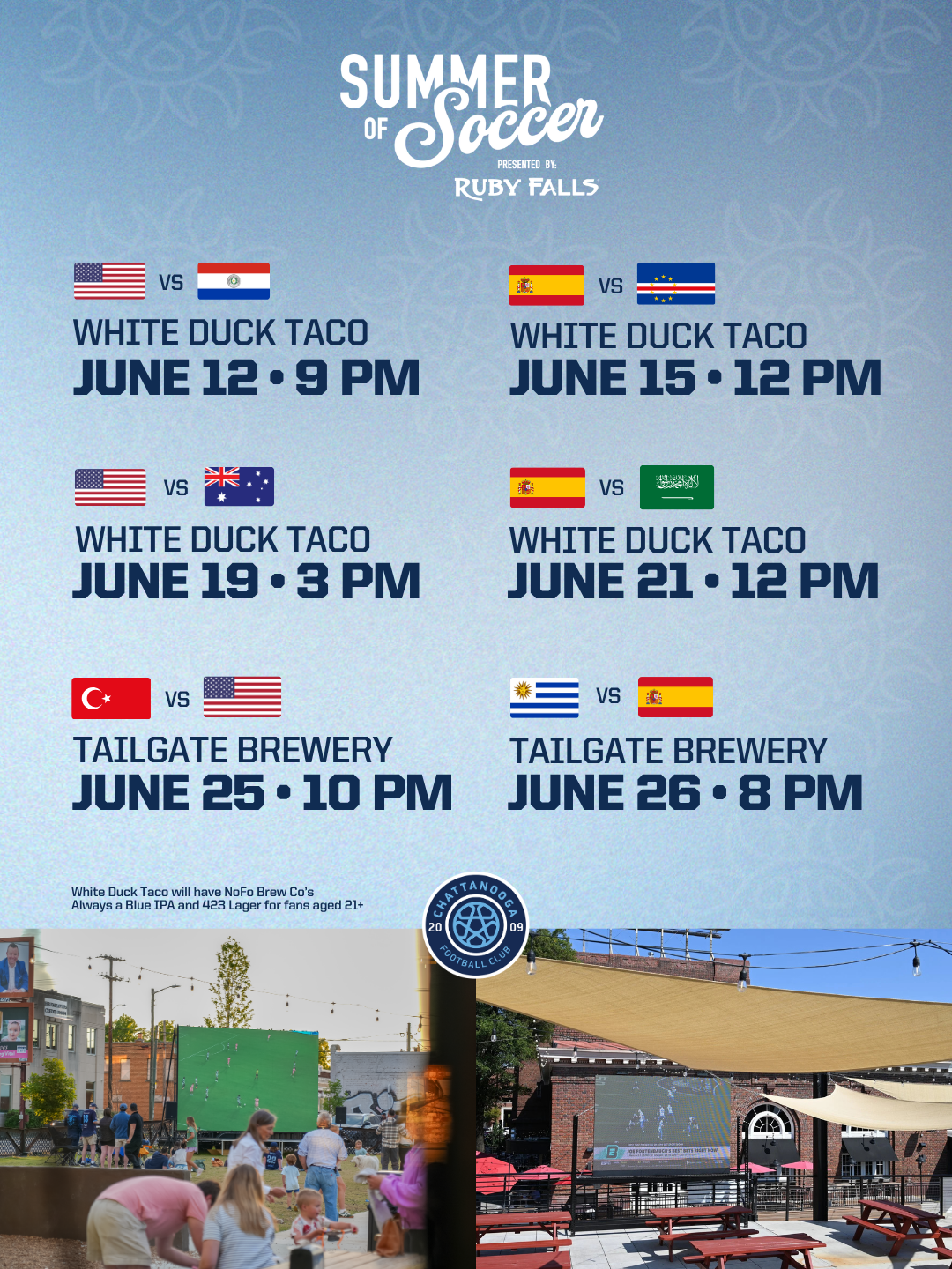 Summer soccer in Key West: food and brewery event schedule with dates and times on a blue poster.