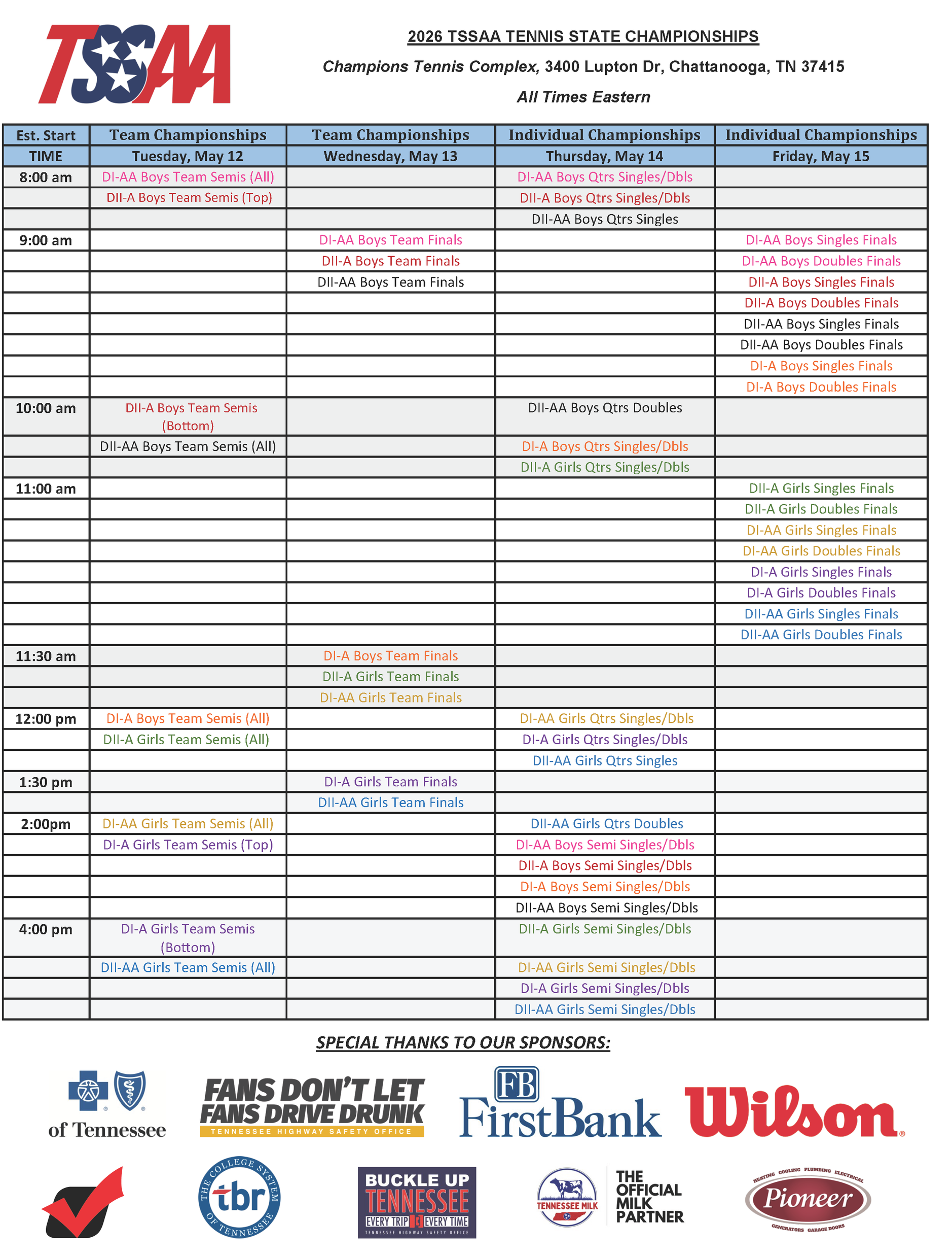 TSM event schedule poster with sponsor logos and a calendar-style table of activities.