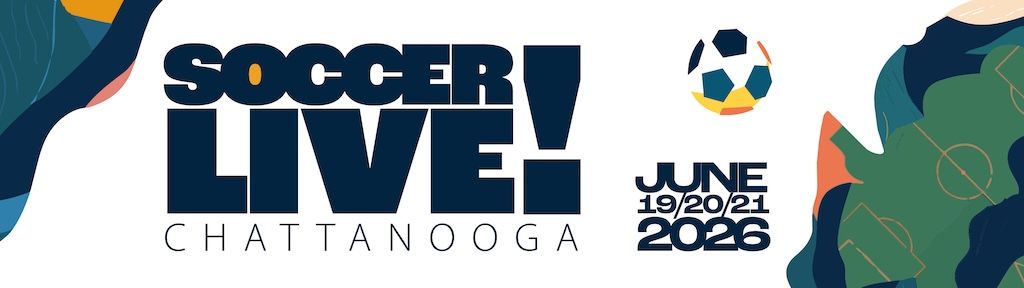Soccer Live! Chattanooga event banner with blue, white, and green graphics and June 2026 dates