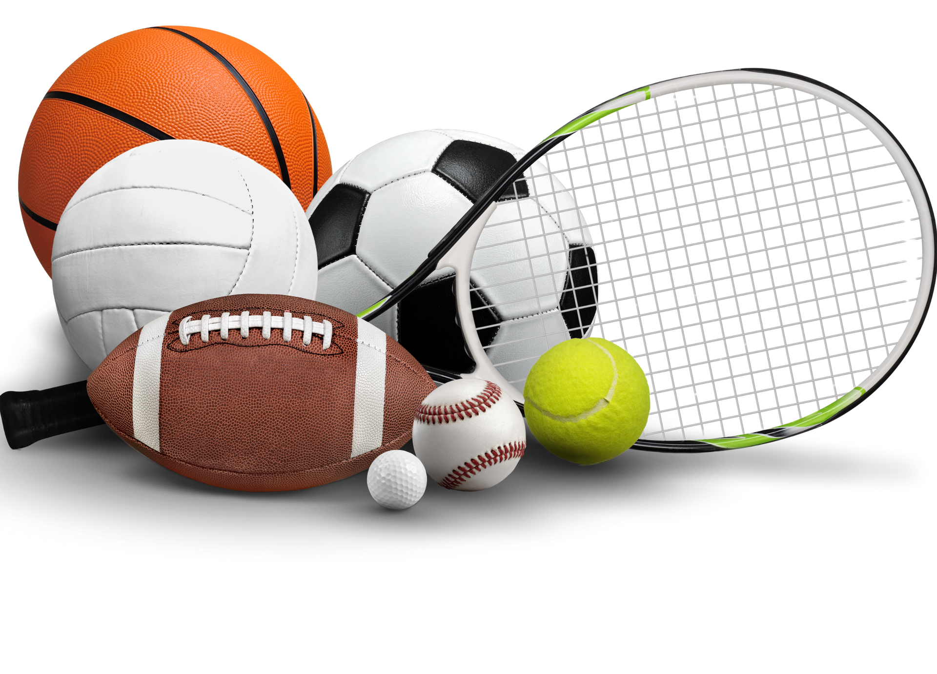 Various sports balls and racquet on a white background