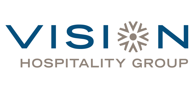 Vision Hospitality Group logo in blue and gray with a sunburst design in the word Vision