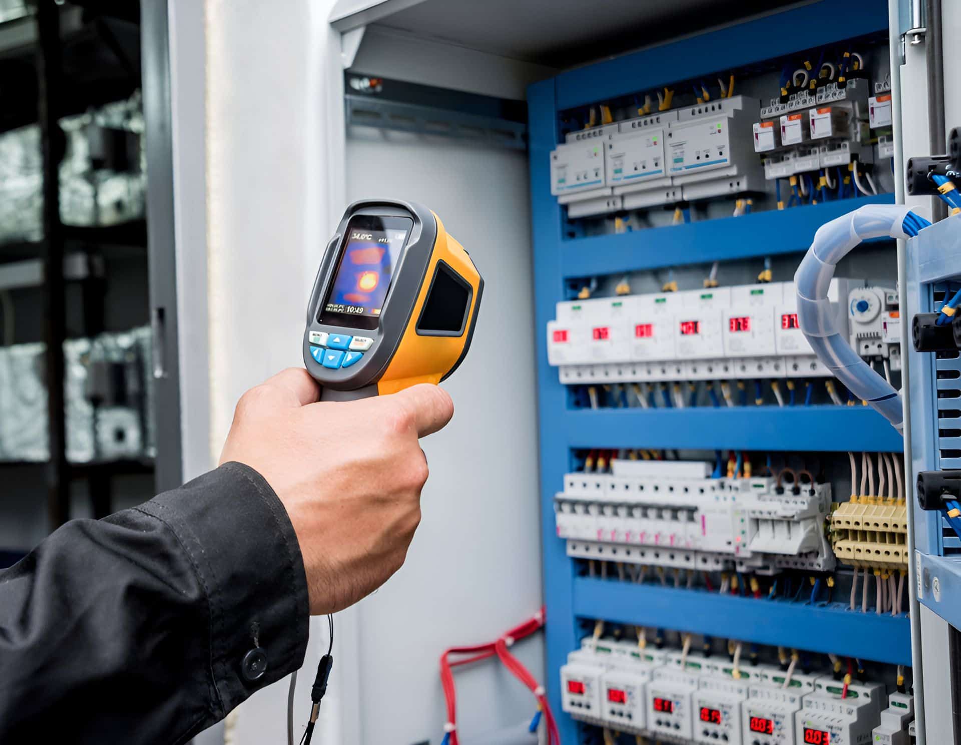 A Person is Holding a Thermometer in Front of a Electrical Box — Rabbit Electrical Service In Manilla, NSW