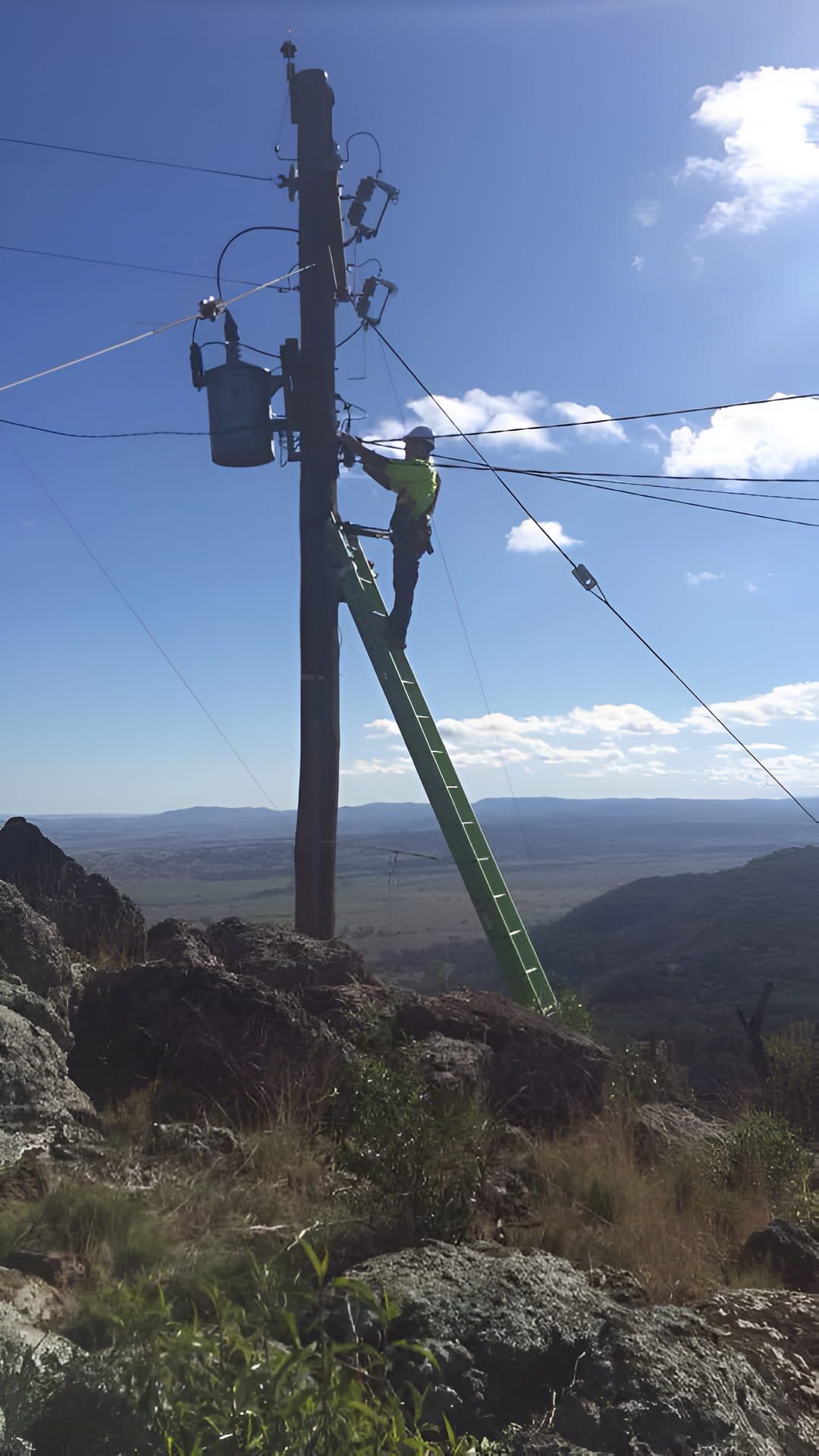 A Man on a Ladder is Working on an Electrical Pole — Rabbit Electrical Service In Moree, NSW