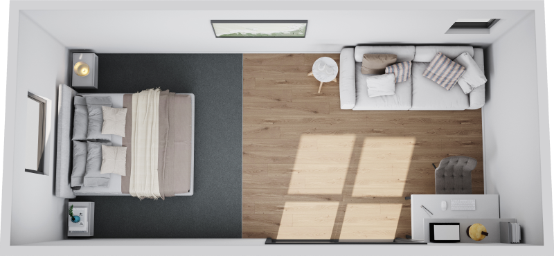 Top-down view of a small bedroom with a bed, desk, chair, rug, and sunlight across wooden floor.