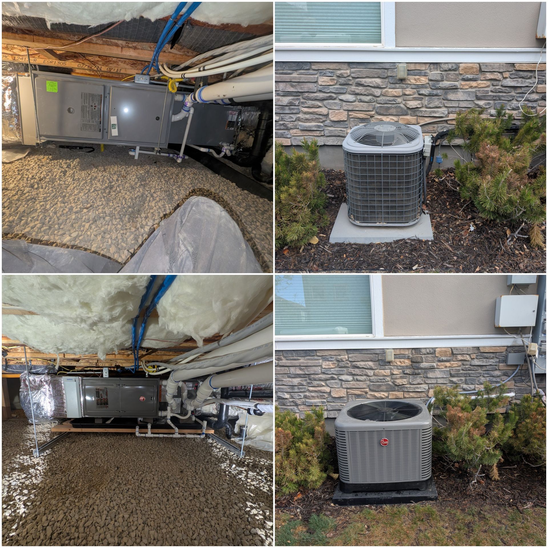 HVAC unit before-and-after shots: dirty basement unit and outdoor condenser, then cleaned and cleared.
