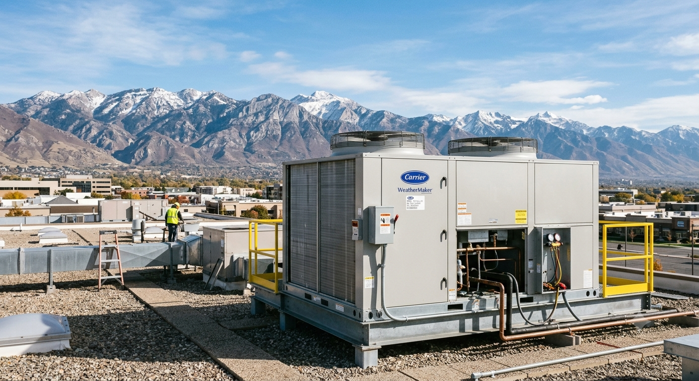 Industrial HVAC units on a rooftop with snowy mountains in the background