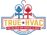 TRUE HVAC logo with blue and red gauges, pipes, and a flame, plus &ldquo;Hot or Cold Service Is Gold&rdquo; banner