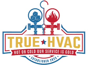 TRUE HVAC logo with blue and red gauges, pipes, and a flame, plus “Hot or Cold Service Is Gold” banner