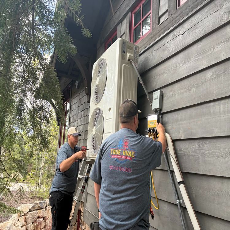 Two workers install an outdoor HVAC unit on a cabin wall beside a ladder and trees.