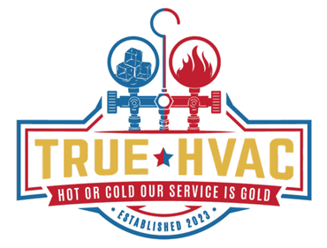 TRUE HVAC logo with blue and red plumbing icons, gold lettering, and the slogan “Hot or Cold Our Service is Gold.”