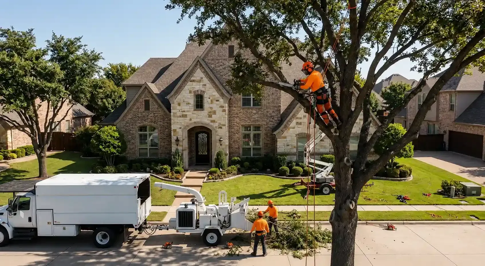 Tree service workers trimming a tree in Arlington, Texas