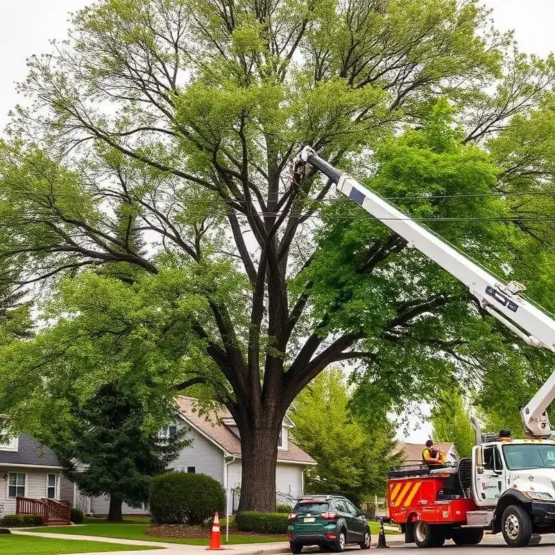 Using our truck and crane to lift us up so we can prune a local tree