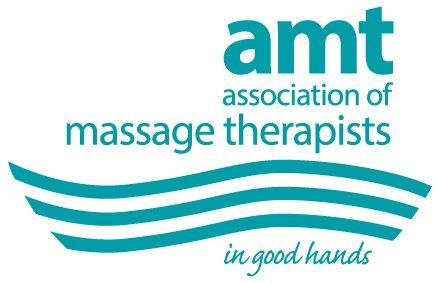 Logo for the Association of Massage Therapists, teal text and curved lines.