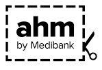 Ahm by Medibank logo, with a dashed border, and scissors cutting along the edge.