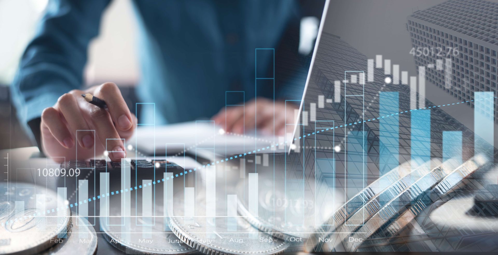 Person calculating finances with charts and coins overlaid.