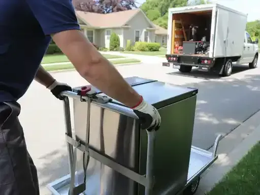 Person pushing a stainless steel cart onto a truck in a suburban driveway