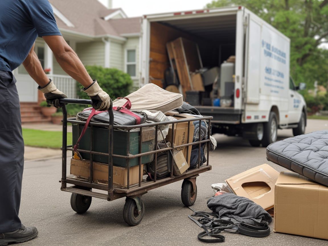 Person pushing a loaded cart beside a moving truck during a household move