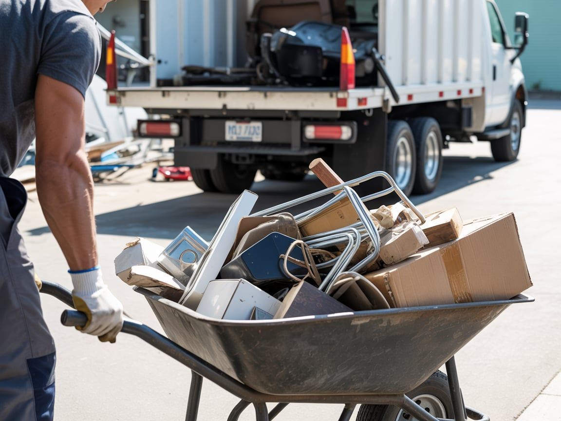 Worker pushes a wheelbarrow of scrap metal near a parked truck and loading dock.
