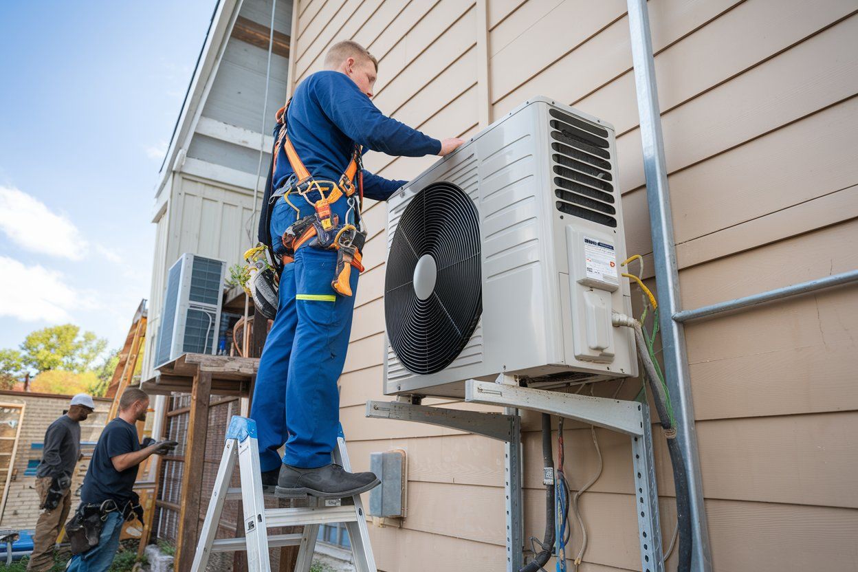 A man is standing on a ladder fixing an air conditioner on the side of a building.
