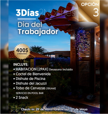 Promoción “3 Días Día del Trabajador” de hotel con piscina, jacuzzi y cervezas, opción 3, desde $400 por persona.
