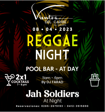 Reggae Night event poster with black background, yellow text, cocktails, food icon, and date 08-04-2023.