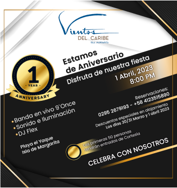 Fiesta de aniversario de Viento del Caribe, con fecha 1 abril 2023, música, bingo y DJ en fondo blanco y dorado.