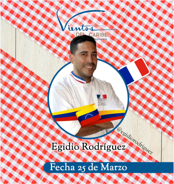 Egidio Rodriguez in white shirt with Colombian flag bands, on red checkered background; “Fecha 25 de Marzo”