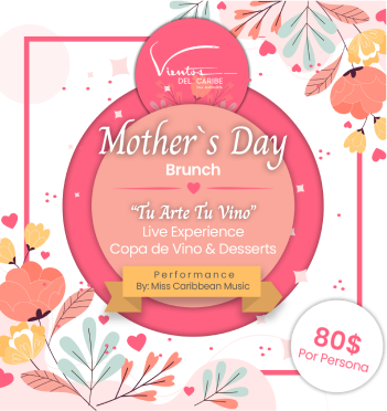 Pink Mother's Day brunch flyer with floral border, live music, wine experience, desserts, and R80 per person.