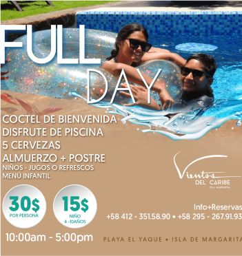 Pool party promo with women in a blue pool, “FULL DAY,” drinks, snacks, and 30%/15% price badges.